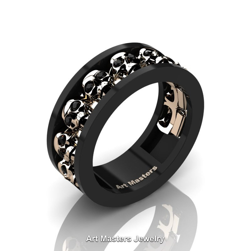 Skull Wedding Rings For Men
 Mens Modern 14K Black and Rose Gold Black Diamond Skull