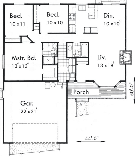 Small 3 Bedroom House Plans
 e Level House Plan 3 Bedrooms 2 Car Garage 44 Ft Wide X