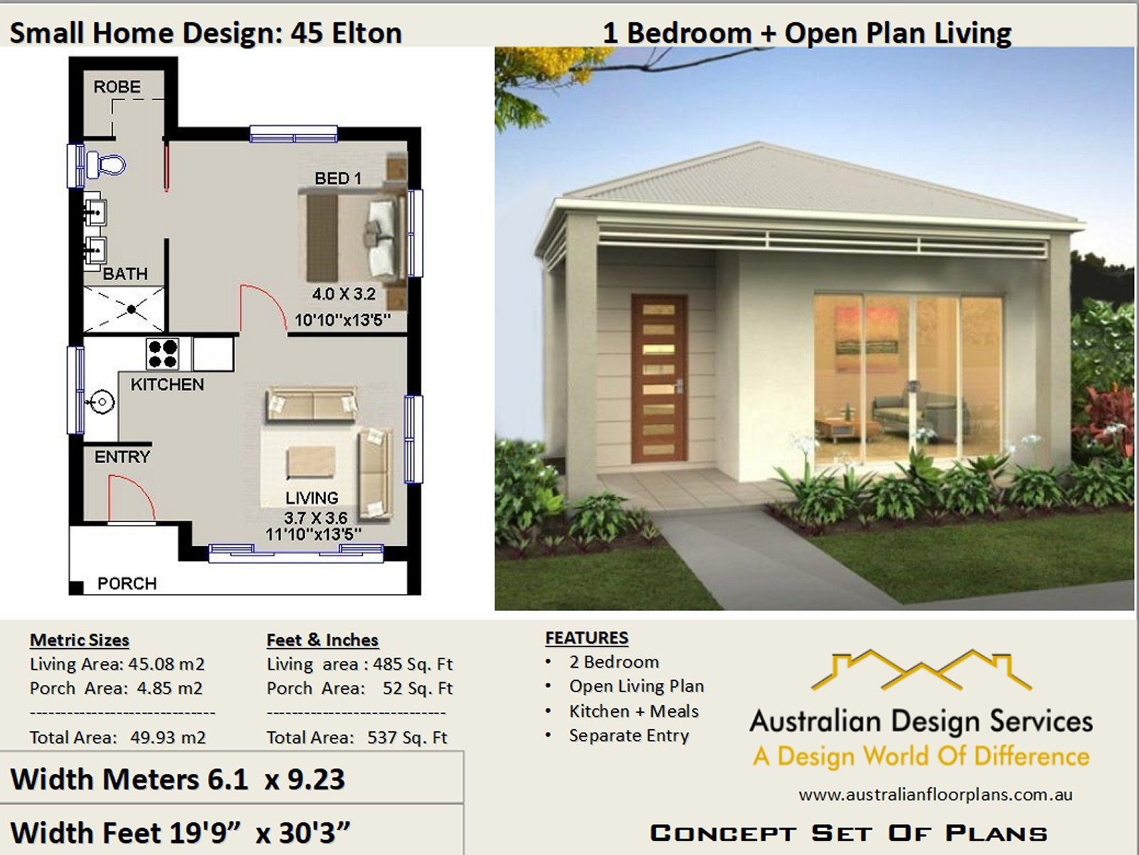 Small One Bedroom House
 Small House Plan 45 Elton 537 Sq Foot 45 93 m2 1 Bedroom