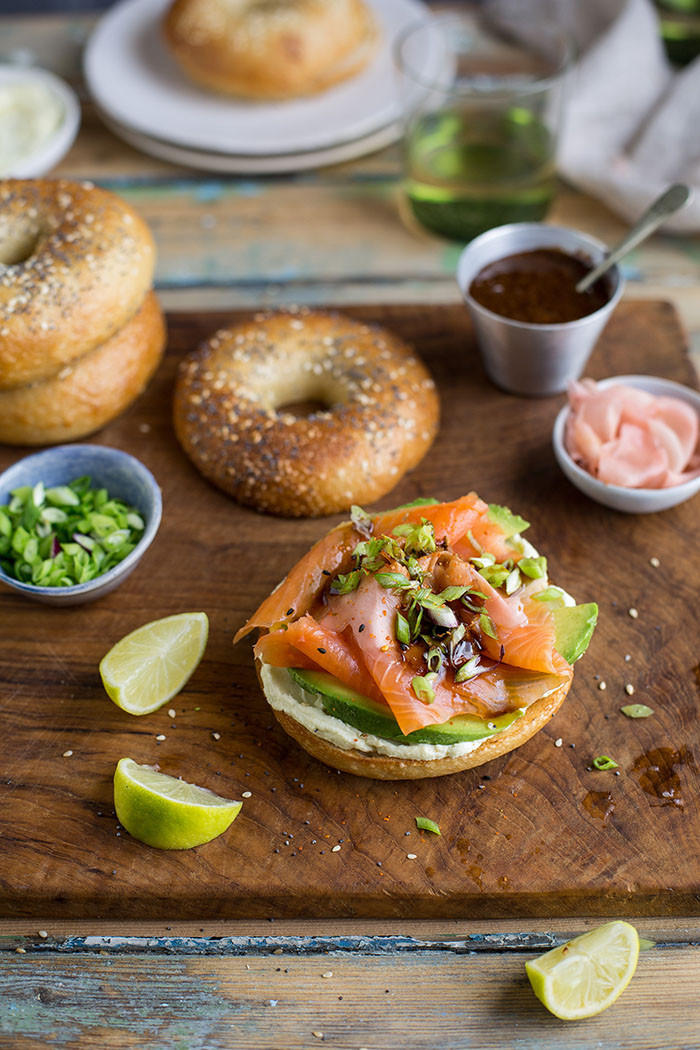 Smoked Salmon Bagel
 Bagel with wasabi cream cheese smoked salmon avo and