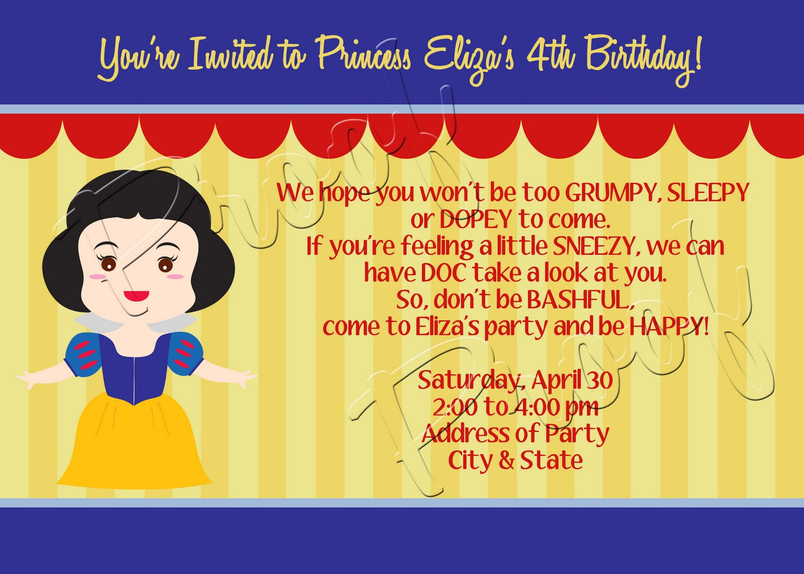 Snow White Birthday Invitations
 Fanci Prints by Tiffany Snow White Birthday Party