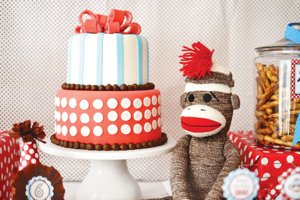 Sock Monkey Birthday Cake
 Adorable Rustic Modern Sock Monkey Birthday Party