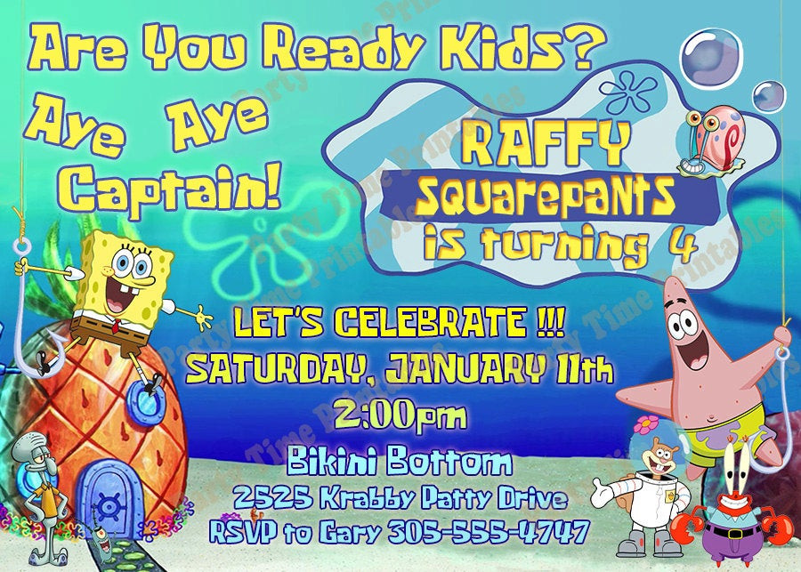 Spongebob Birthday Invitations
 Items similar to Spongebob Invitation Printable Party