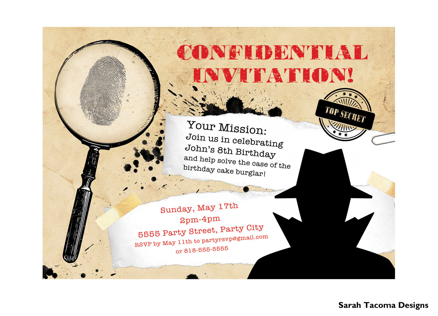 Spy Birthday Party
 Secret Agent Spy Birthday Party Invitation Customized