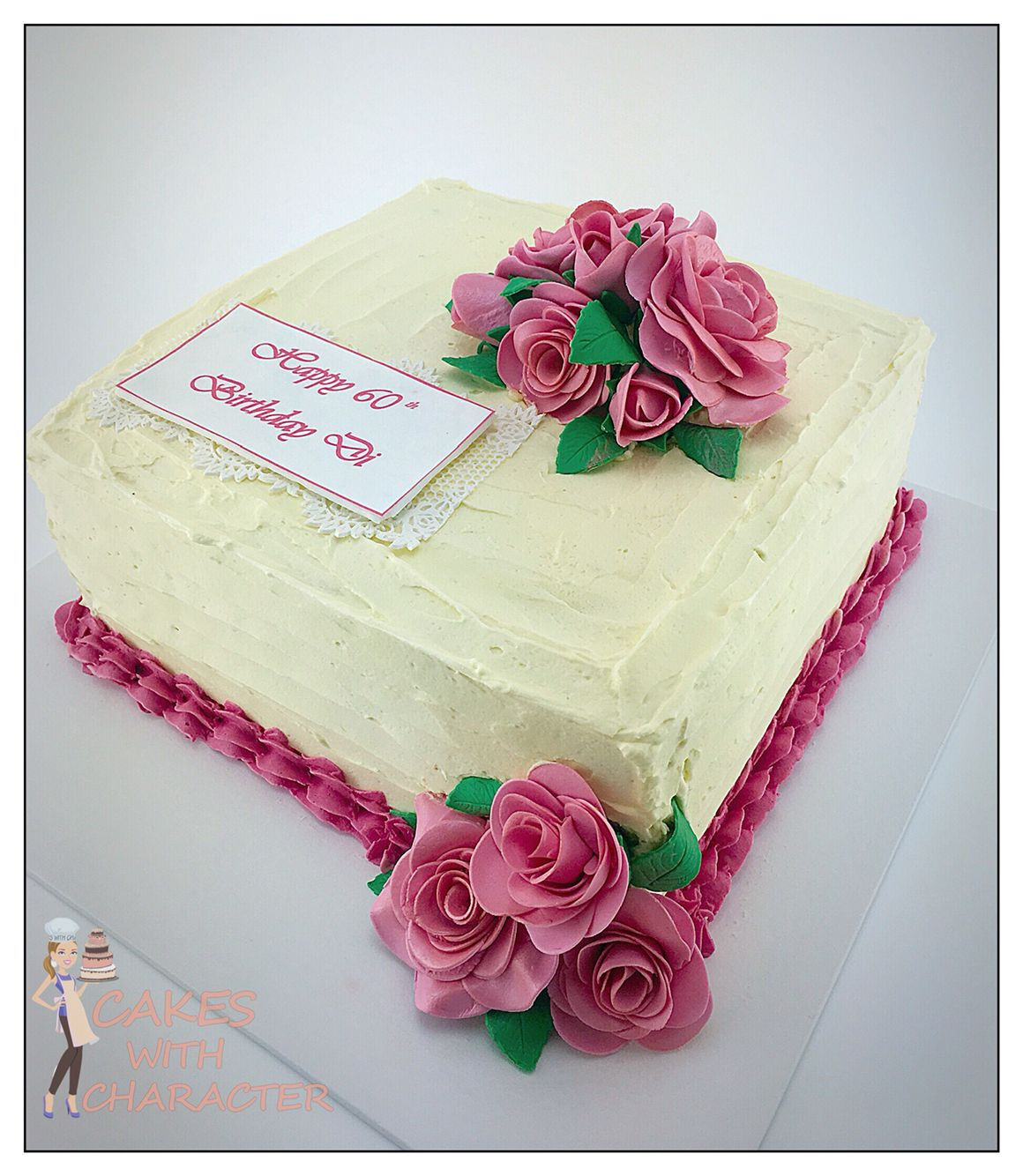 Square Birthday Cakes
 60th birthday square buttercream cake with pink fondant