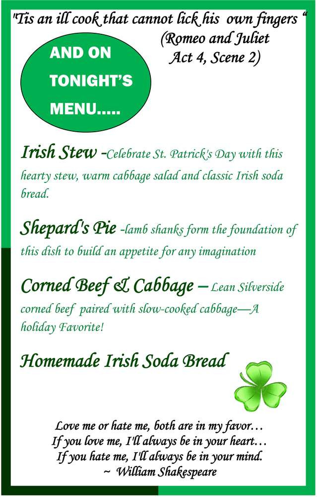 St Patrick Day Menu Ideas
 St Patricks Shakespeare St Patrick s Day Party Ideas