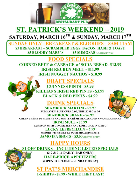St Patrick's Day Food Specials
 St Patrick s Day Weekend Food & Drink Specials at O Toole