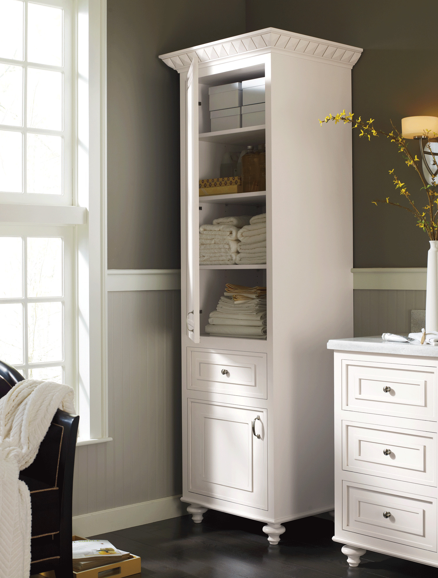 Stand Alone Bathroom Vanity
 A stand alone linen cabinet adds charm and much needed