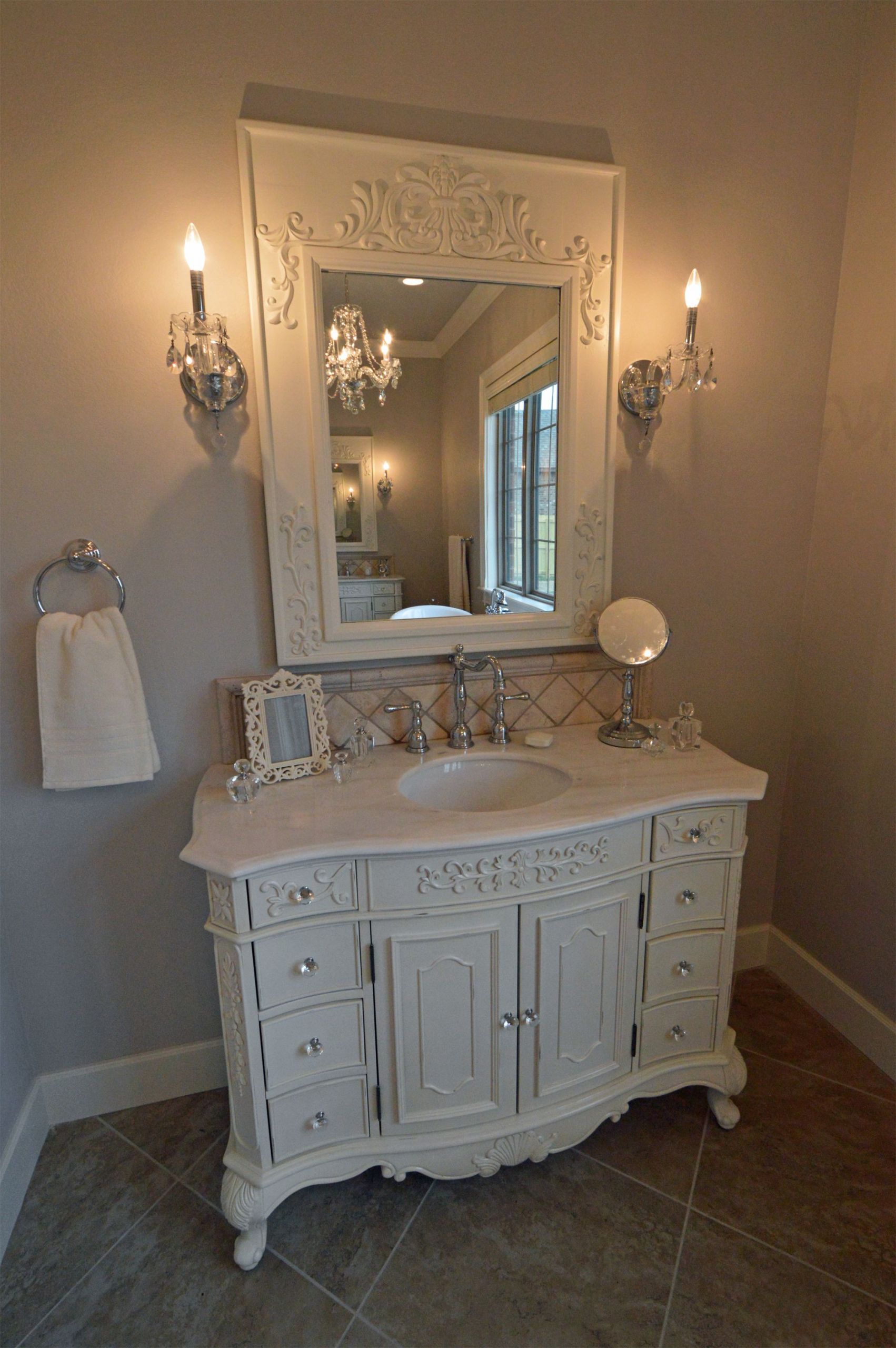 Stand Alone Bathroom Vanity
 Master bath featuring dual stand alone custom vanities