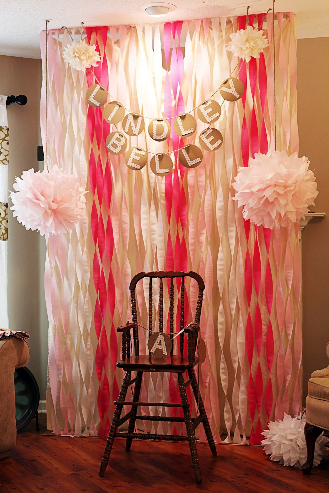 Streamer Decoration Ideas For Baby Shower
 Twisted streamers pinned and taped for a cool backdrop