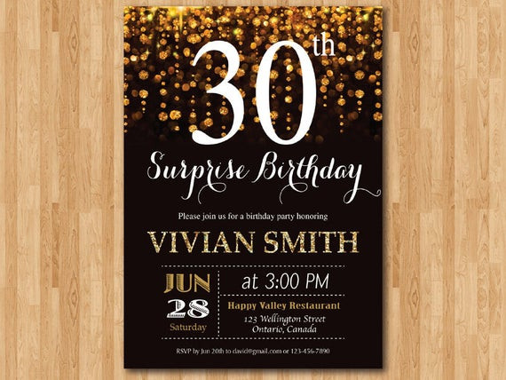 Surprise 30th Birthday Party Invitations
 Surprise 30th birthday invitation Thirty and fabulous Gold