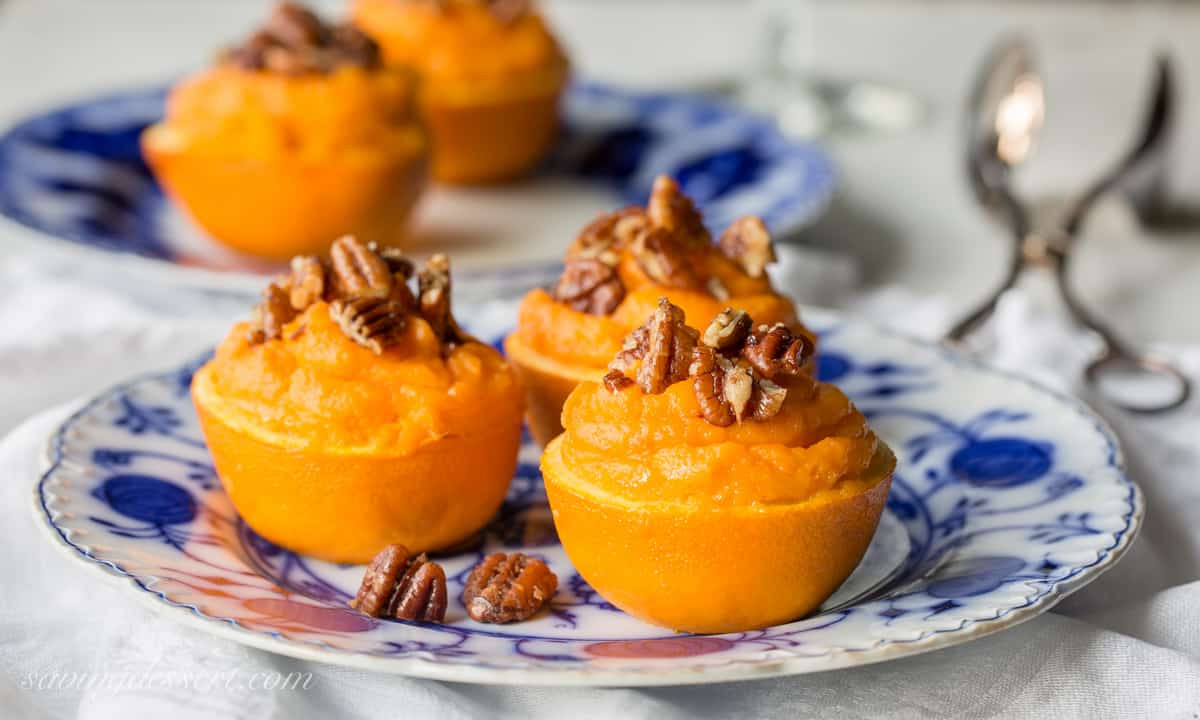 Sweet Potato Dessert
 Sweet Potato Soufflé in Orange Cups with Cinnamon Pecans