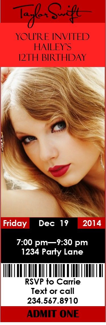 Taylor Swift Birthday Invitations
 Printable Taylor Swift Party Invitation that you can edit