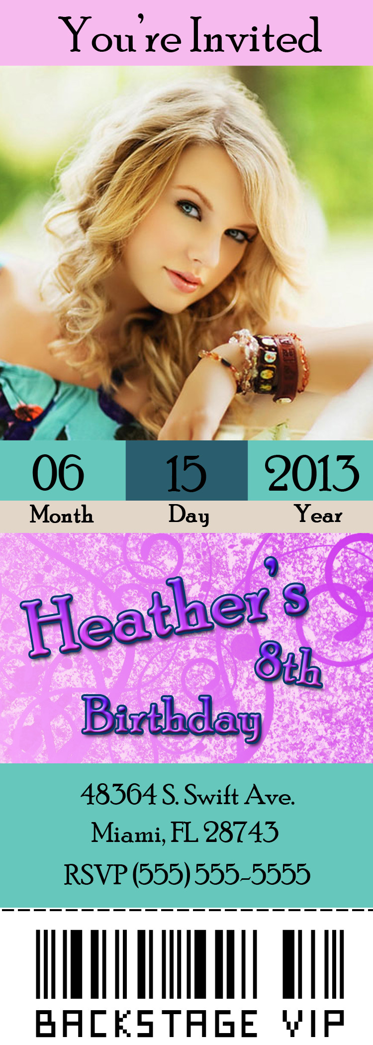 Taylor Swift Birthday Invitations
 Taylor Swift 3 Ticket Style Birthday Invitation