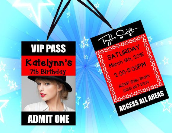 Taylor Swift Birthday Invitations
 Custom Taylor Swift VIP Birthday Pass Invitation by