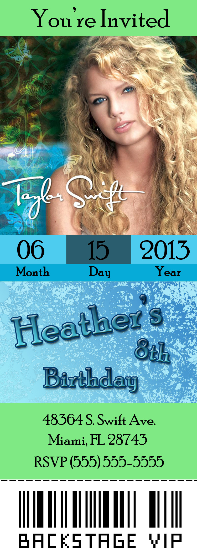 Taylor Swift Birthday Invitations
 Taylor Swift 2 Ticket Style Birthday Invitation