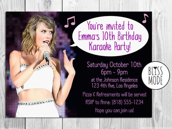 Taylor Swift Birthday Invitations
 Items similar to Girls Birthday Party Invitation Karaoke