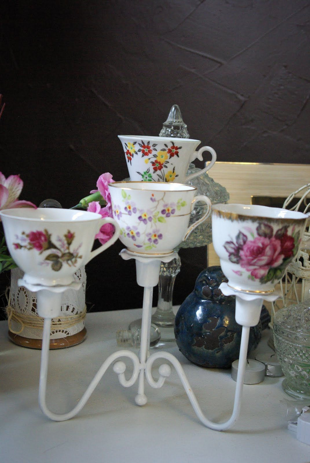 Tea Cup Party Ideas
 Teacup Centerpiece epoxy glue teacups onto painted