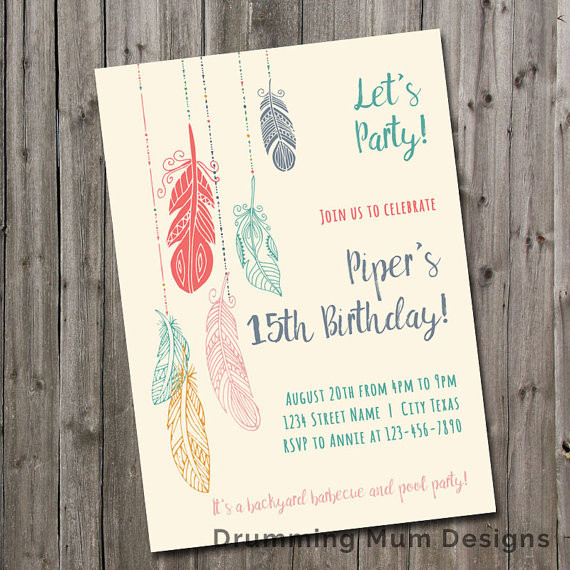 Teen Birthday Invitations
 Feather Birthday Party Invitation Teen Girl Tween Birthday