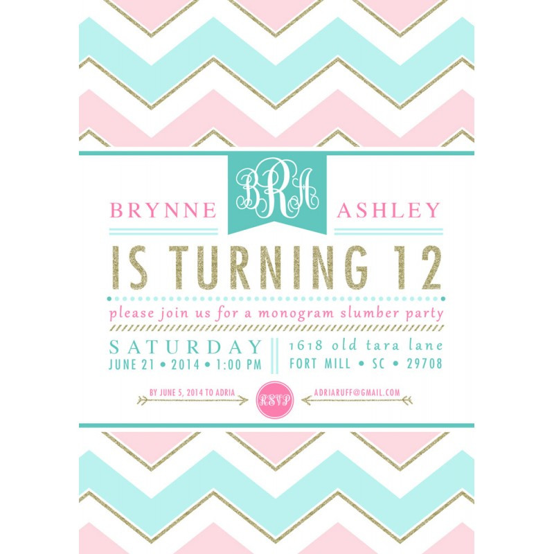 Teen Birthday Invitations
 Monogram Slumber Birthday Party Chevron Gold Glitter