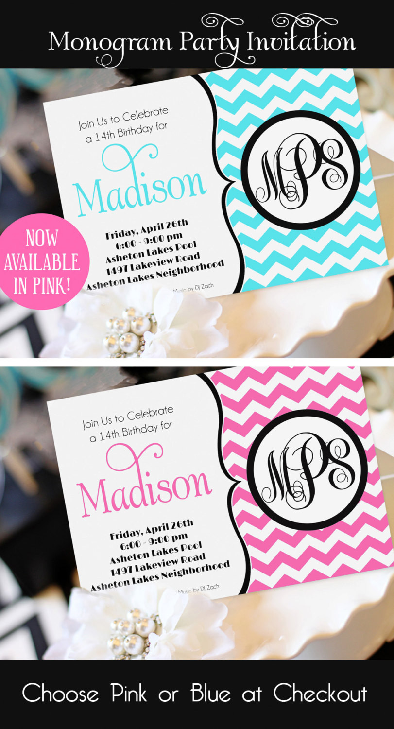 Teenage Birthday Invitations
 Teen Girl Birthday Invitation Monogram Birthday Invitation