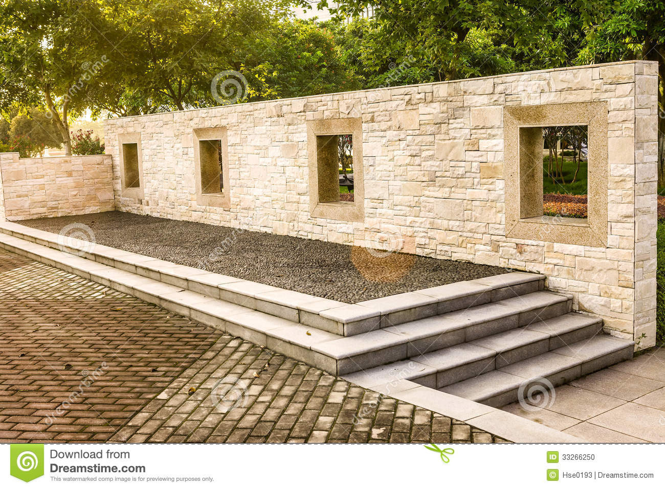 Terrace Landscape Stone
 Morning Garden Landscape Wall Stock Image of