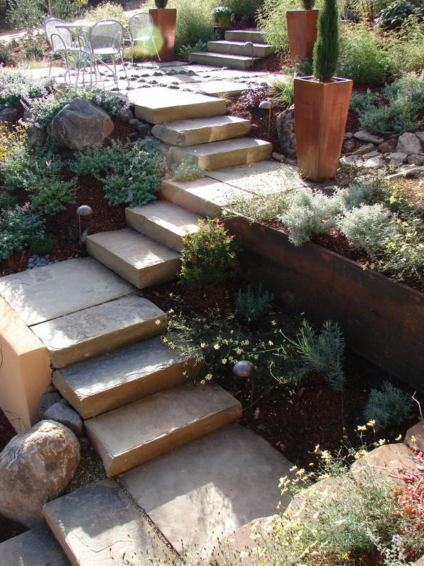 Terrace Landscape With Stairs
 Multi tiered Garden With Cement Steps