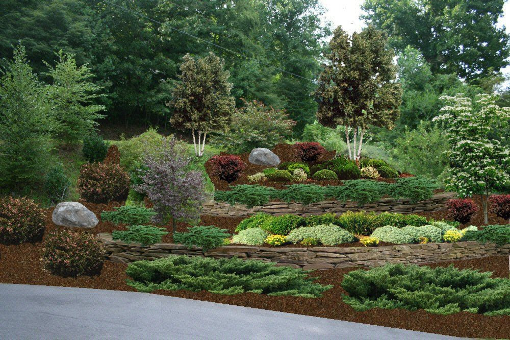 Terrace Landscape With Trees
 Here s a gorgeous hillside landscaped with rock walls