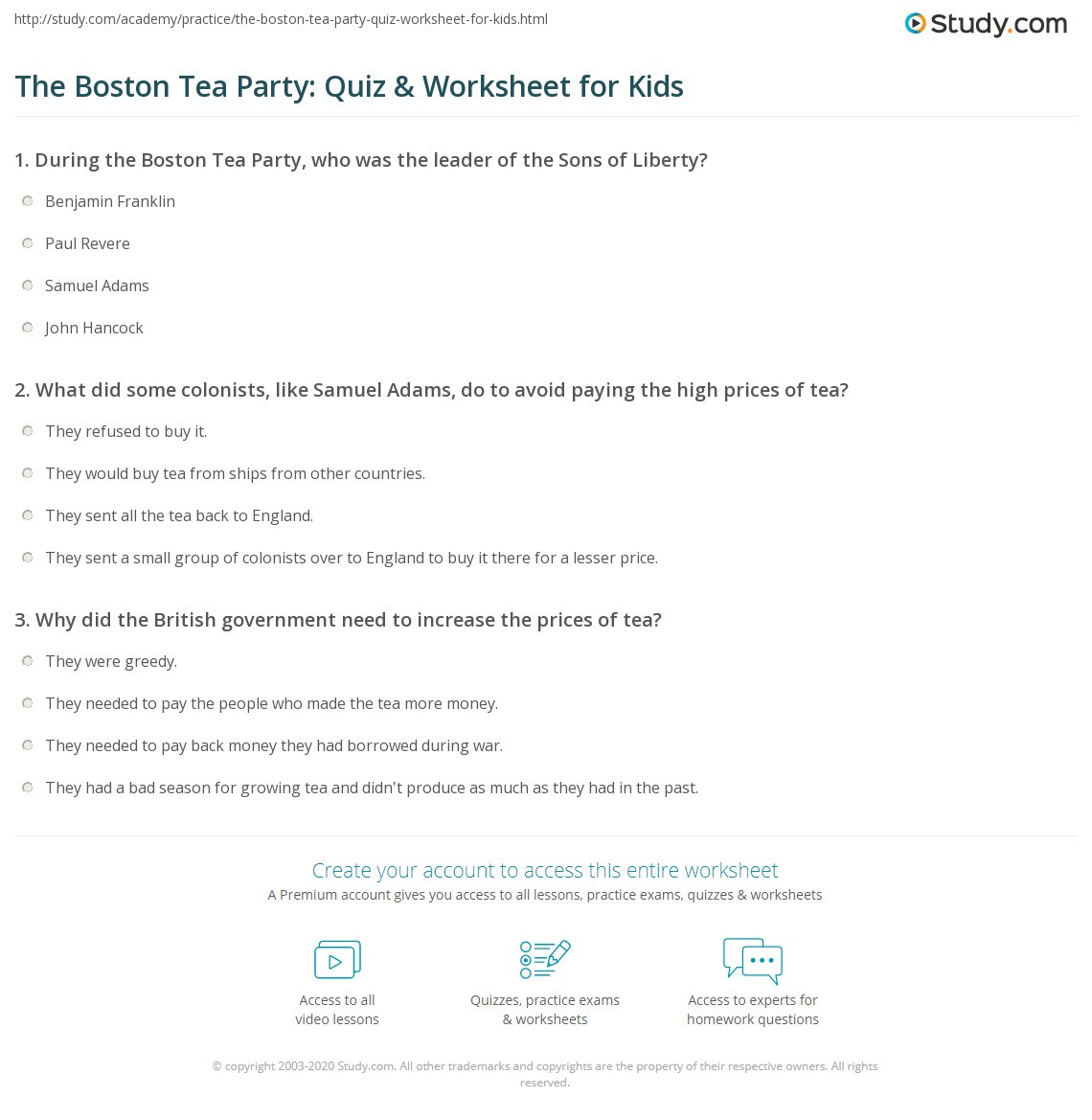 The Boston Tea Party Facts For Kids
 The Boston Tea Party Quiz & Worksheet for Kids