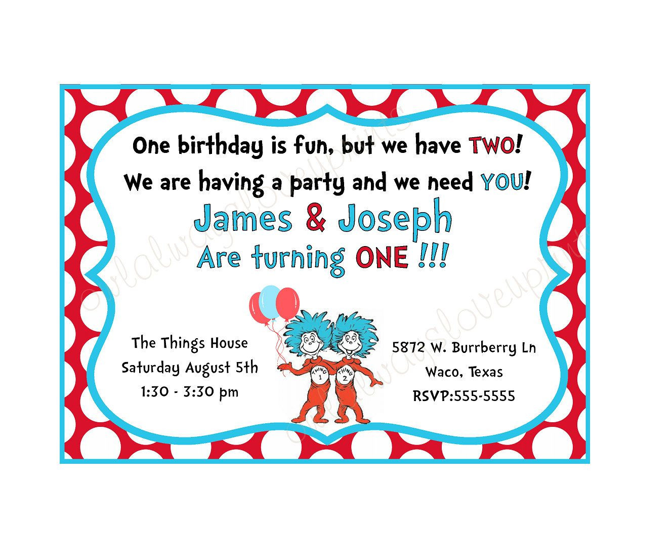 Thing 1 And Thing 2 Birthday Invitations
 THING 1 and THING 2 Birthday Party Printable Invitation