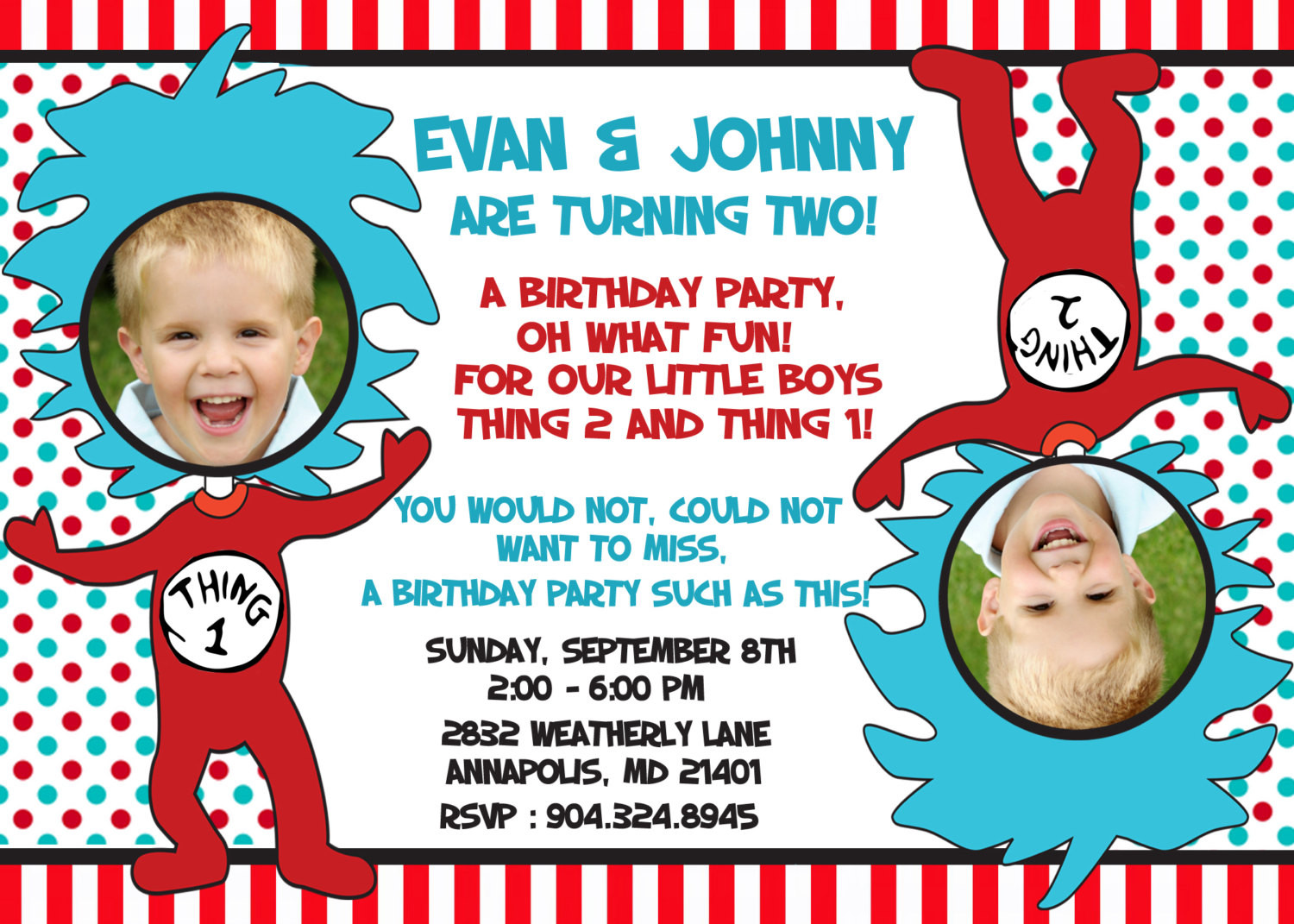 Thing 1 And Thing 2 Birthday Invitations
 Dr Seuss Thing 1 Thing 2 Twins Birthday Party Invitation