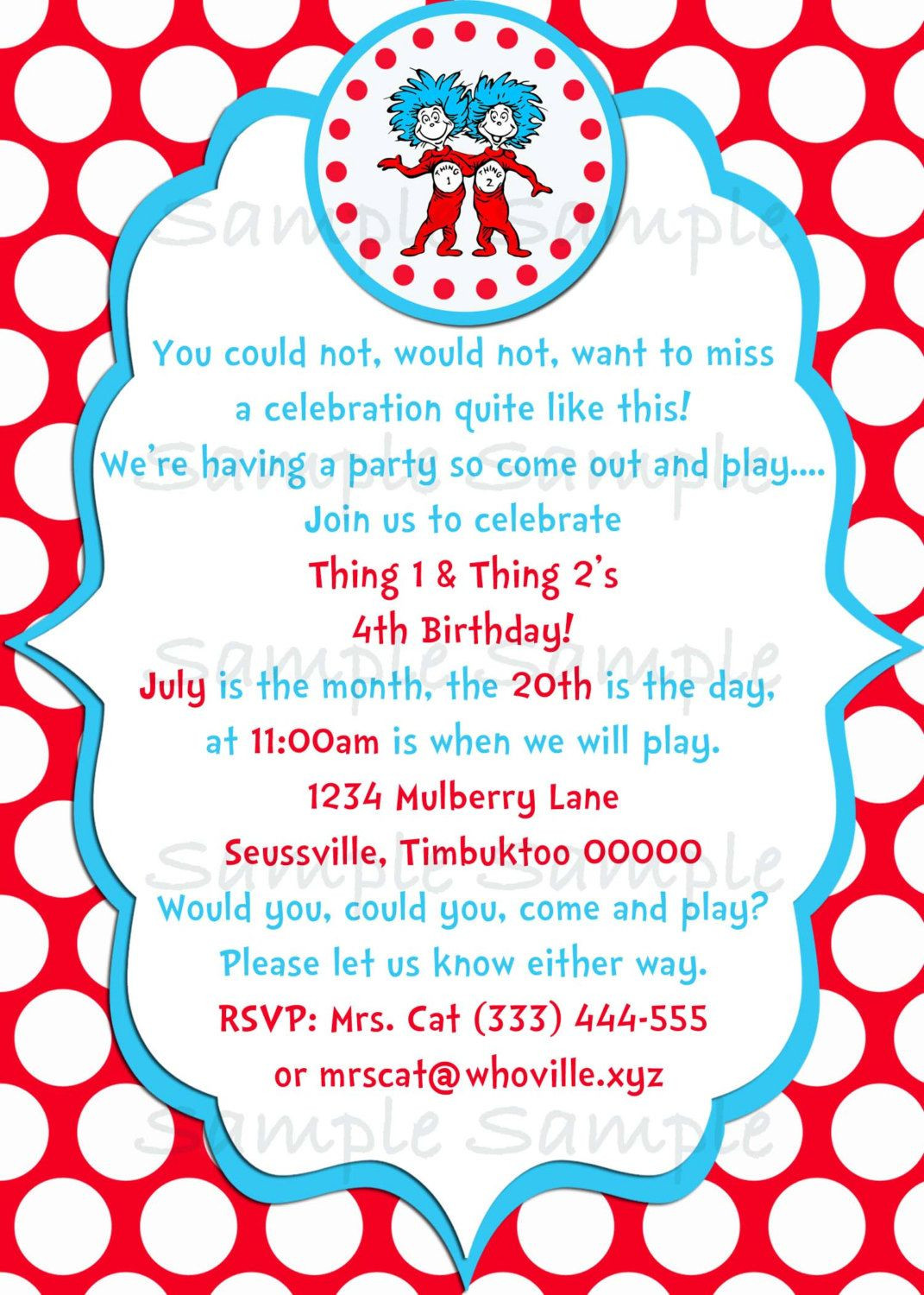 Thing 1 And Thing 2 Birthday Invitations
 Seuss Thing 1 & Thing 2 Birthday Party Invitation