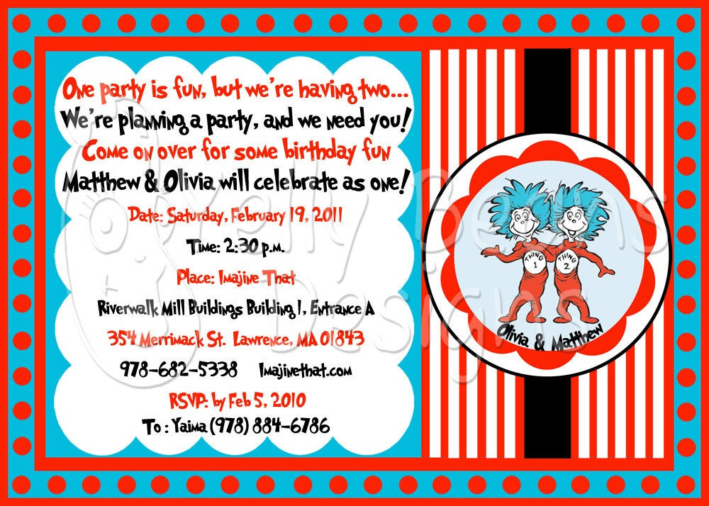 Thing 1 And Thing 2 Birthday Invitations
 Thing 1 and Thing 2 PERSONALIZED twin birthday invitation add