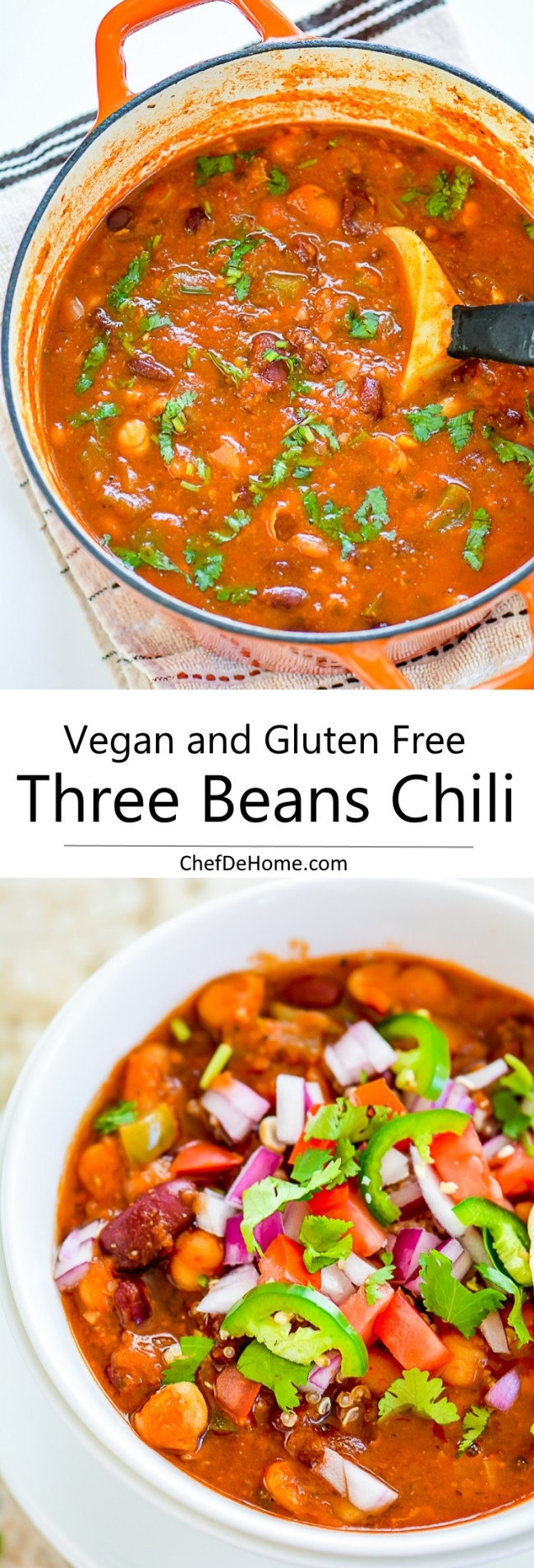 Three Bean Vegetarian Chili
 Easy Ve arian Three Beans Chili with Chickpeas Recipe