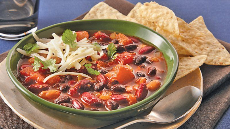 Three Bean Vegetarian Chili
 Slow Cooker Three Bean Ve arian Chili recipe from Betty