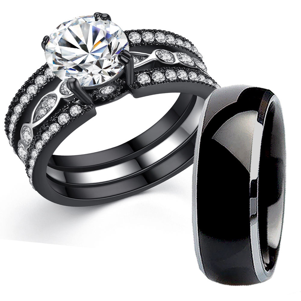 Titanium Wedding Band Sets
 His Titanium Hers Black Stainless Steel Bridal Wedding