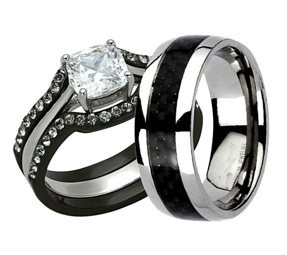 Titanium Wedding Band Sets
 His Hers 4 Pc Black Stainless Steel Titanium Wedding