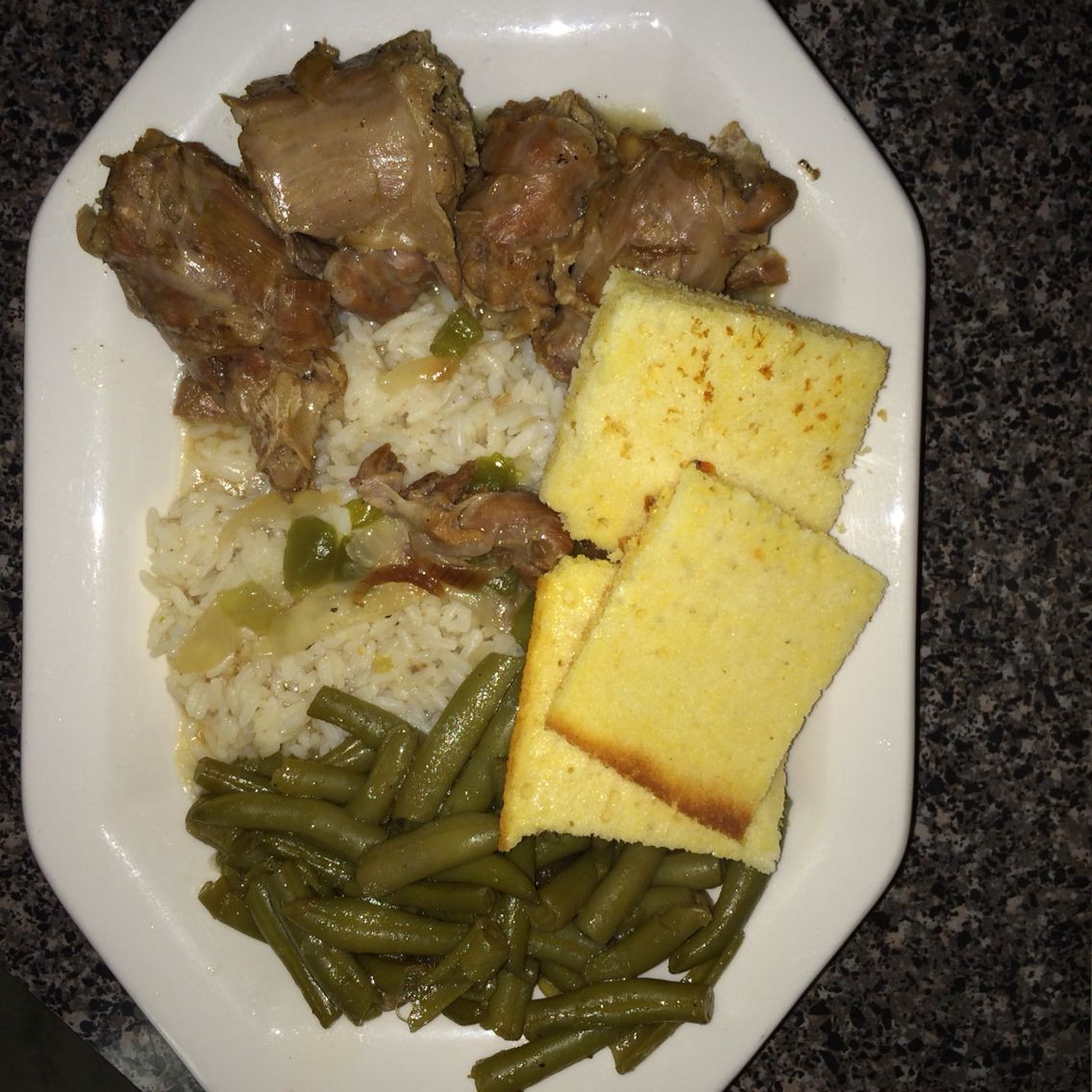 Turkey Necks And Gravy
 Turkey necks Greenbeans rice & gravy cornbread With