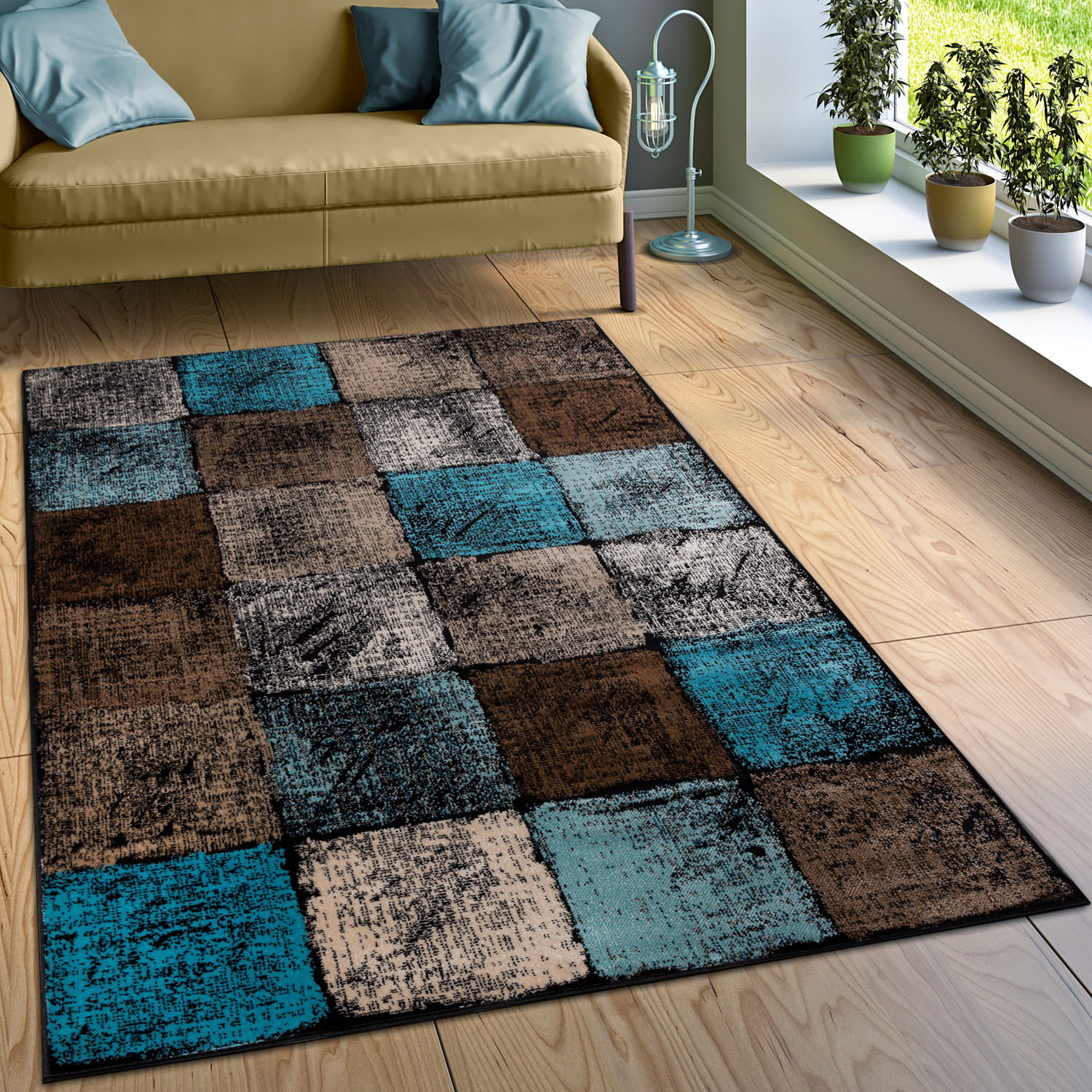 Turquoise Rug Living Room
 Designer Rug Checked Turquoise Brown Cream
