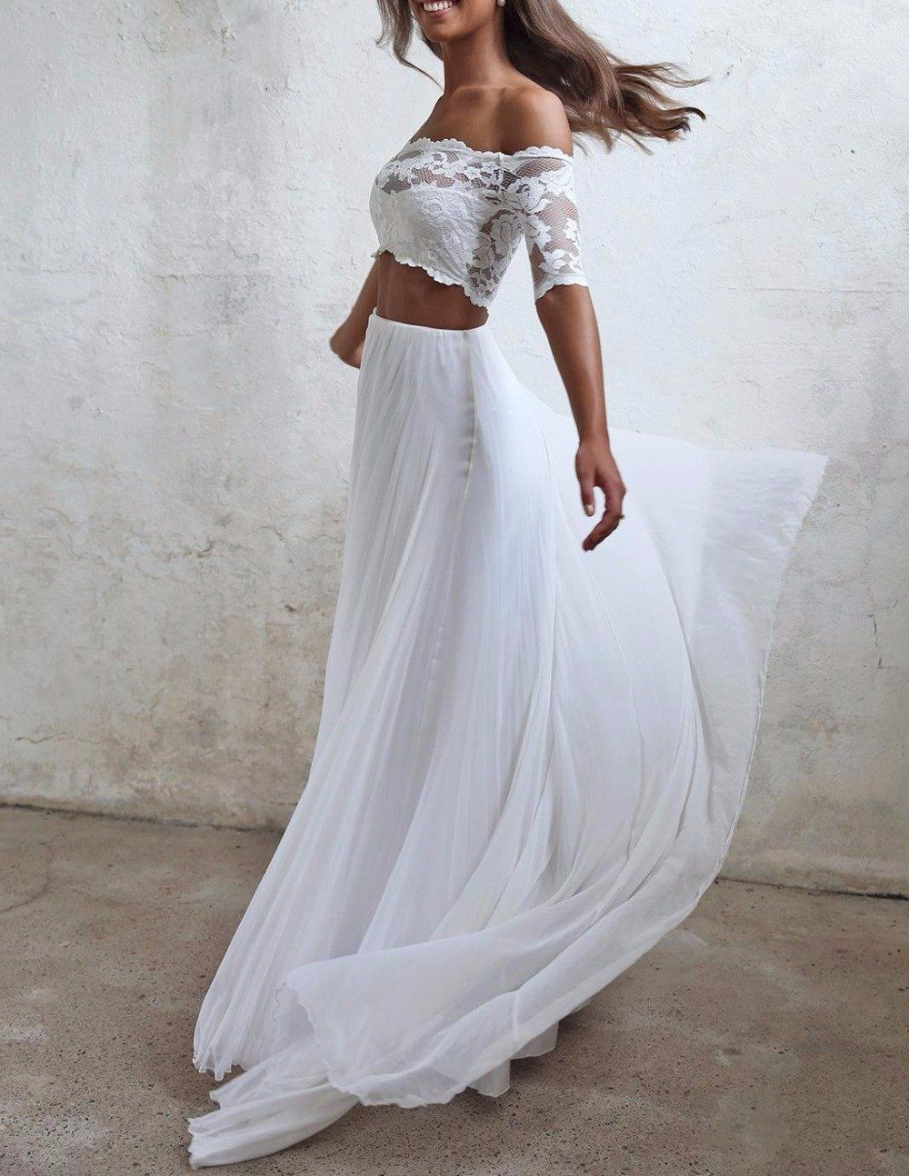 Two Piece Wedding Gowns
 Seductive Lace 2 Two Piece Wedding Dresses Summer Chiffon