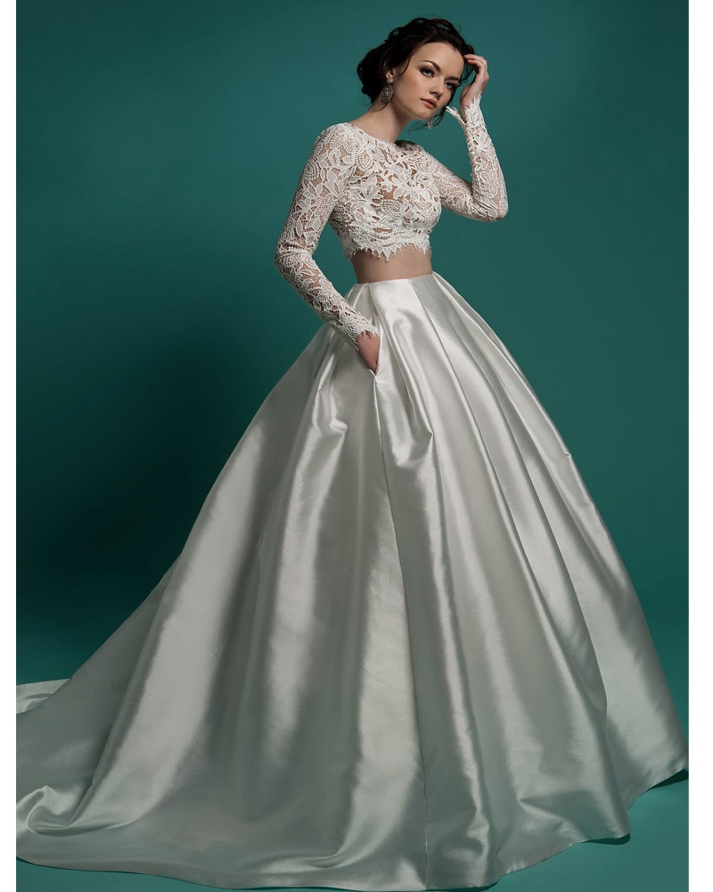 Two Piece Wedding Gowns
 Two Pieces Wedding Dresses With Long Sleeves Bridal Lace