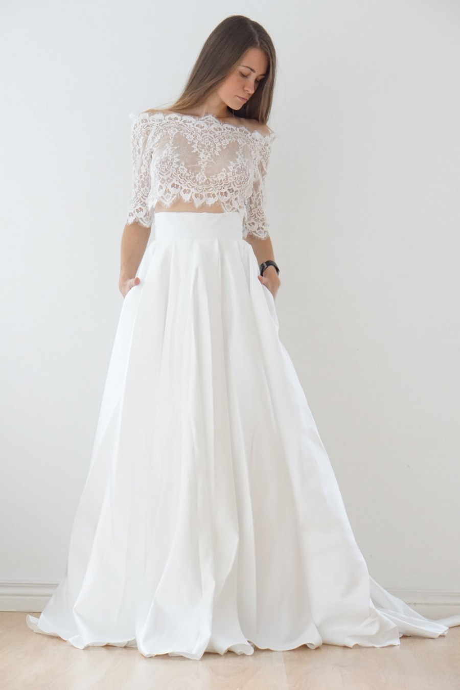 Two Piece Wedding Gowns
 Scalloped Lace Top Two piece Bridal Wedding Dress Lunss