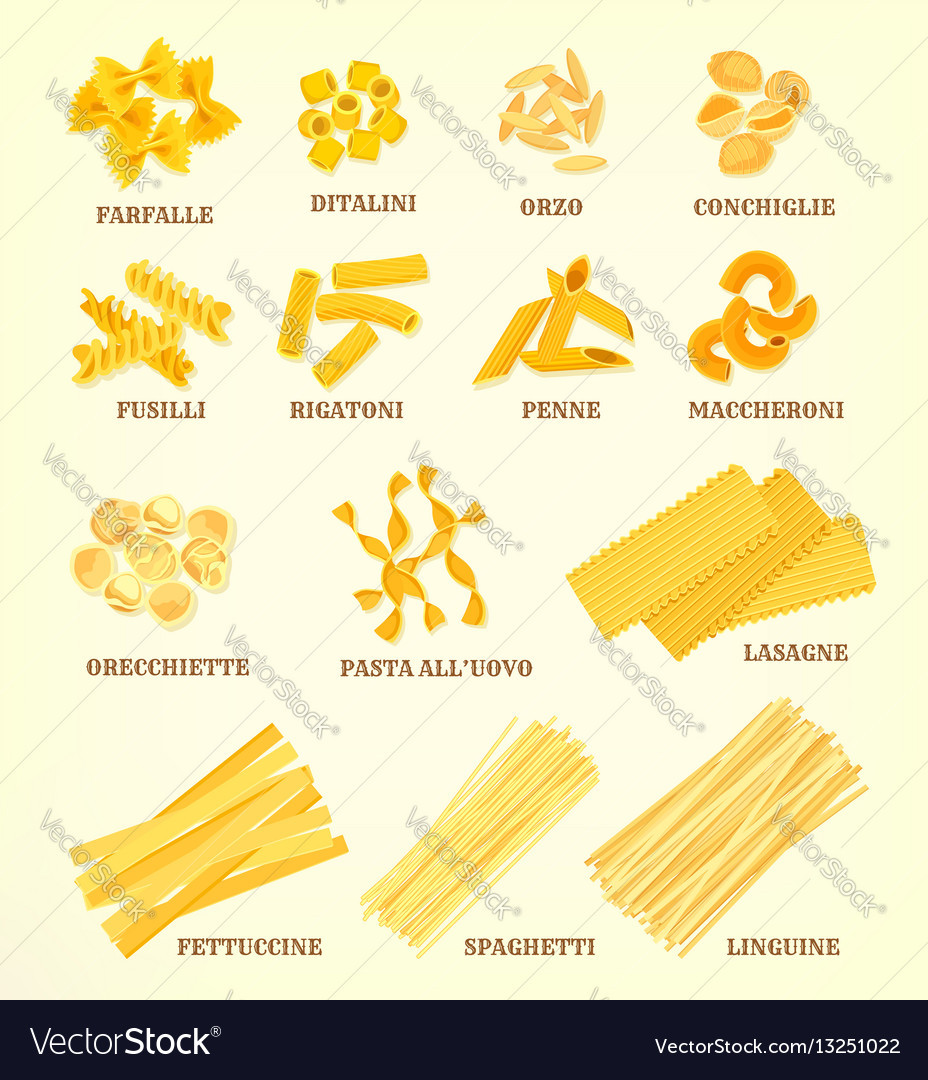 Types Of Italian Noodles
 Italian pasta types or sorts icons Royalty Free Vector Image