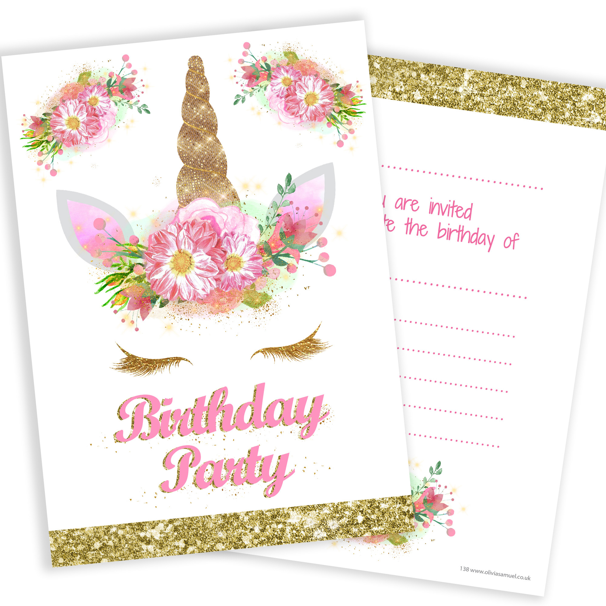 Unicorn Birthday Party Invitations
 Unicorn Girls Party Invitations – Pink and Gold Glitter