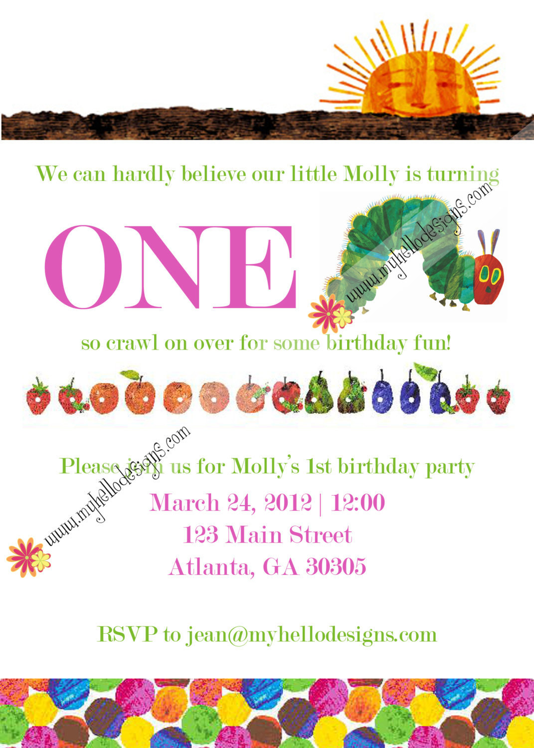 Very Hungry Caterpillar Birthday Invitations
 Custom Birthday Invitation via Pinterest or by MyHelloDesigns