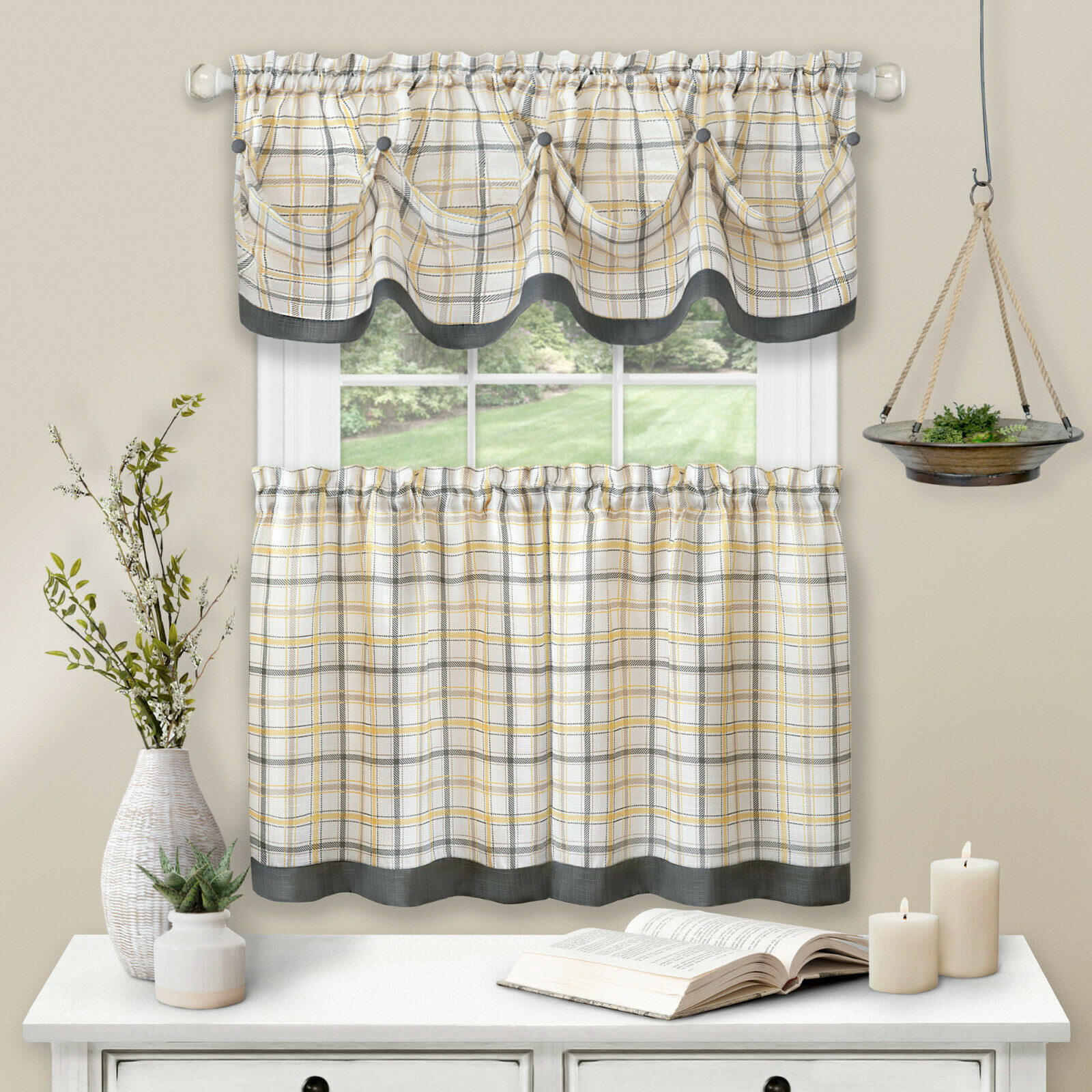 Walmart Kitchen Curtains Valances
 Country Farmhouse Plaid 3 Pc Tattersall Cafe Kitchen