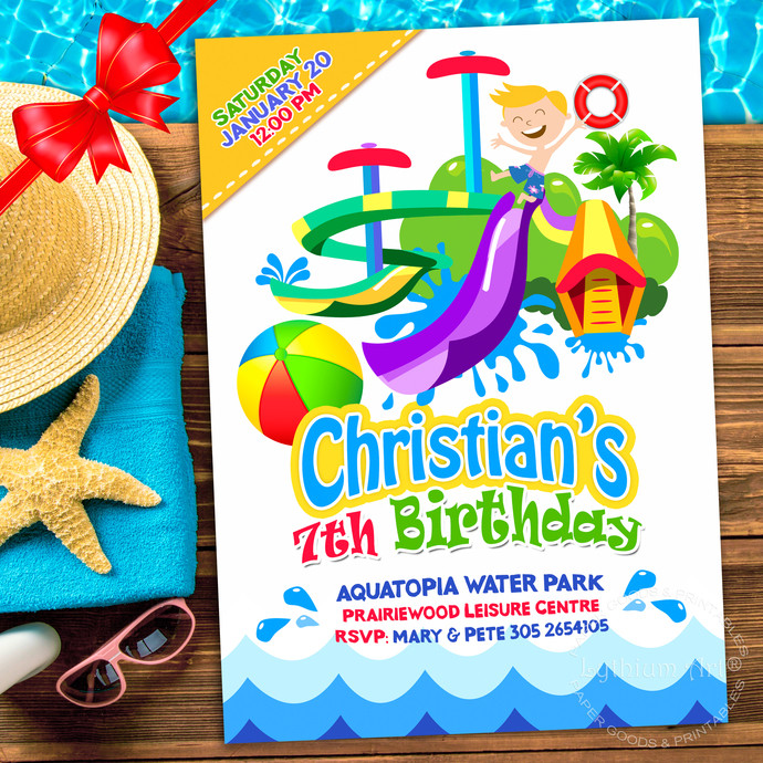 Water Birthday Party
 WATERPARK Party Invitation Water Slide by Lythiumart on