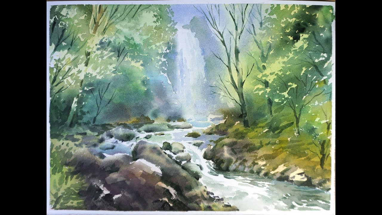 Watercolor Landscape Painting
 Watercolor Landscape Painting Forest Waterfall