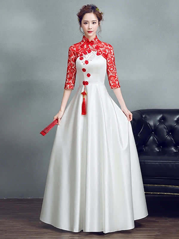 Wedding Dress From China
 Red lace sleeve white satin Aline mandarin collar wedding