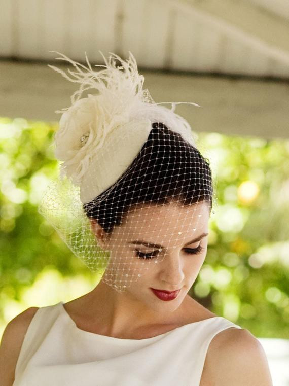 Wedding Fascinators With Veil
 Wedding Veil Birdcage Veil Feather Fascinator by